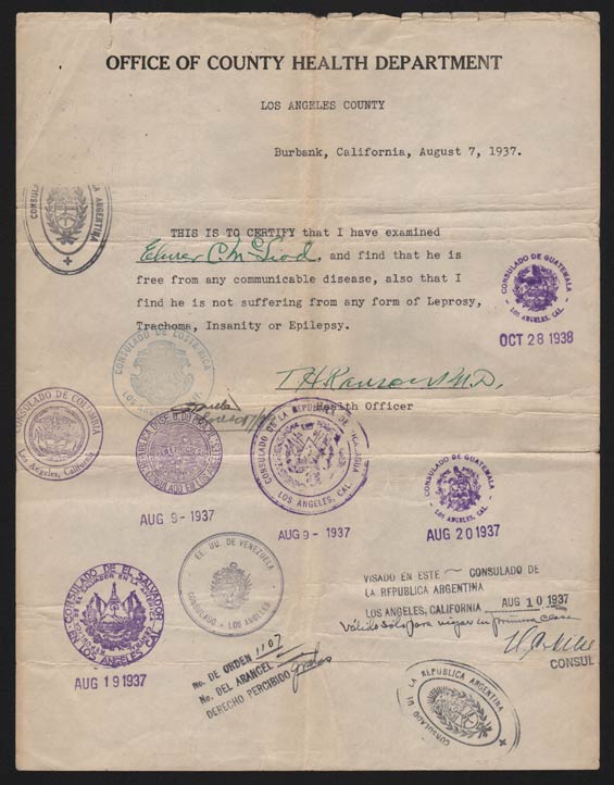 Letter of Introduction, Los Angeles County Health Department, August 7, 1937